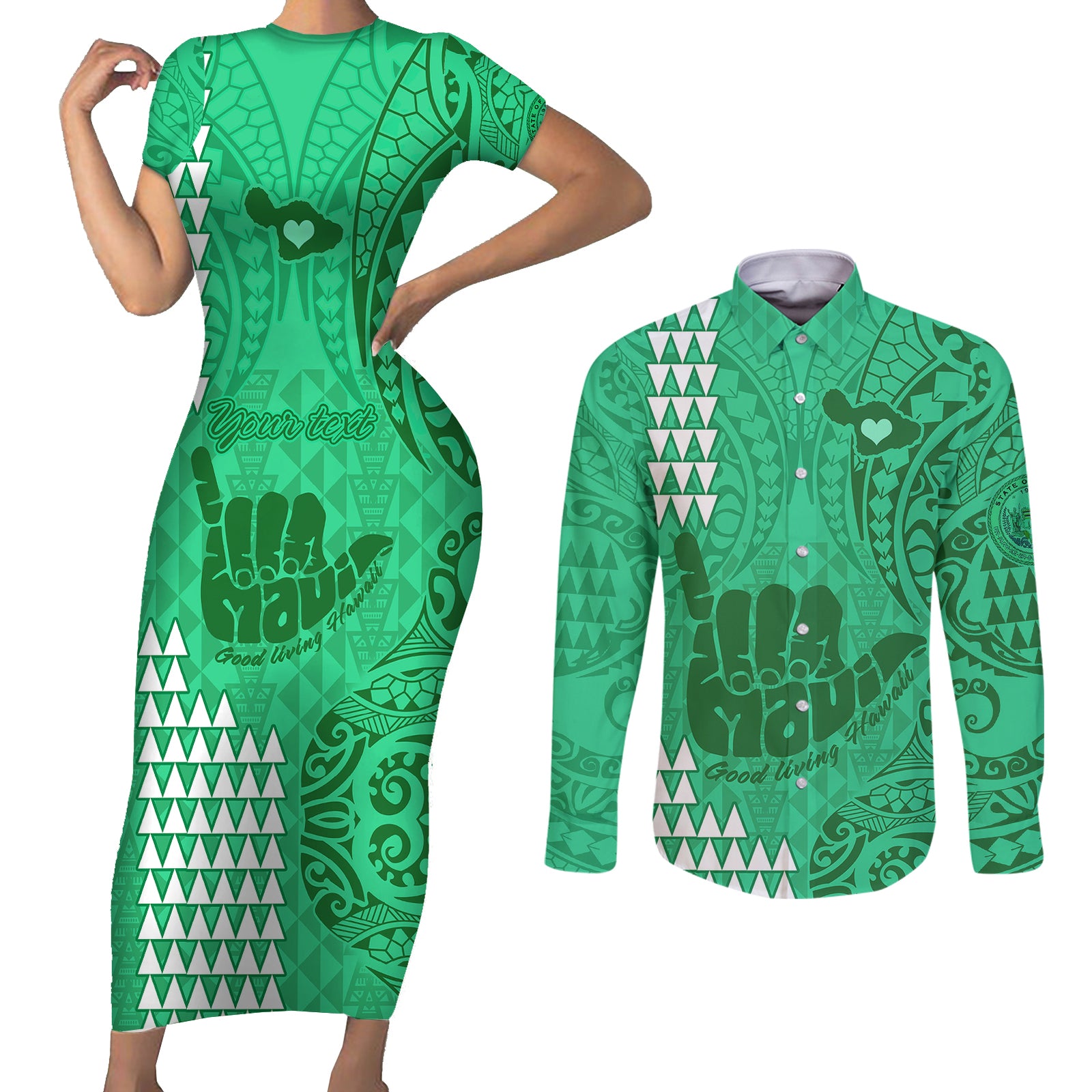 Personalised Strong Maui Couples Matching Short Sleeve Bodycon Dress and Long Sleeve Button Shirts Good Living Hawaii with Shaka Sign Kakau Tribal Green LT9 Green - Polynesian Pride