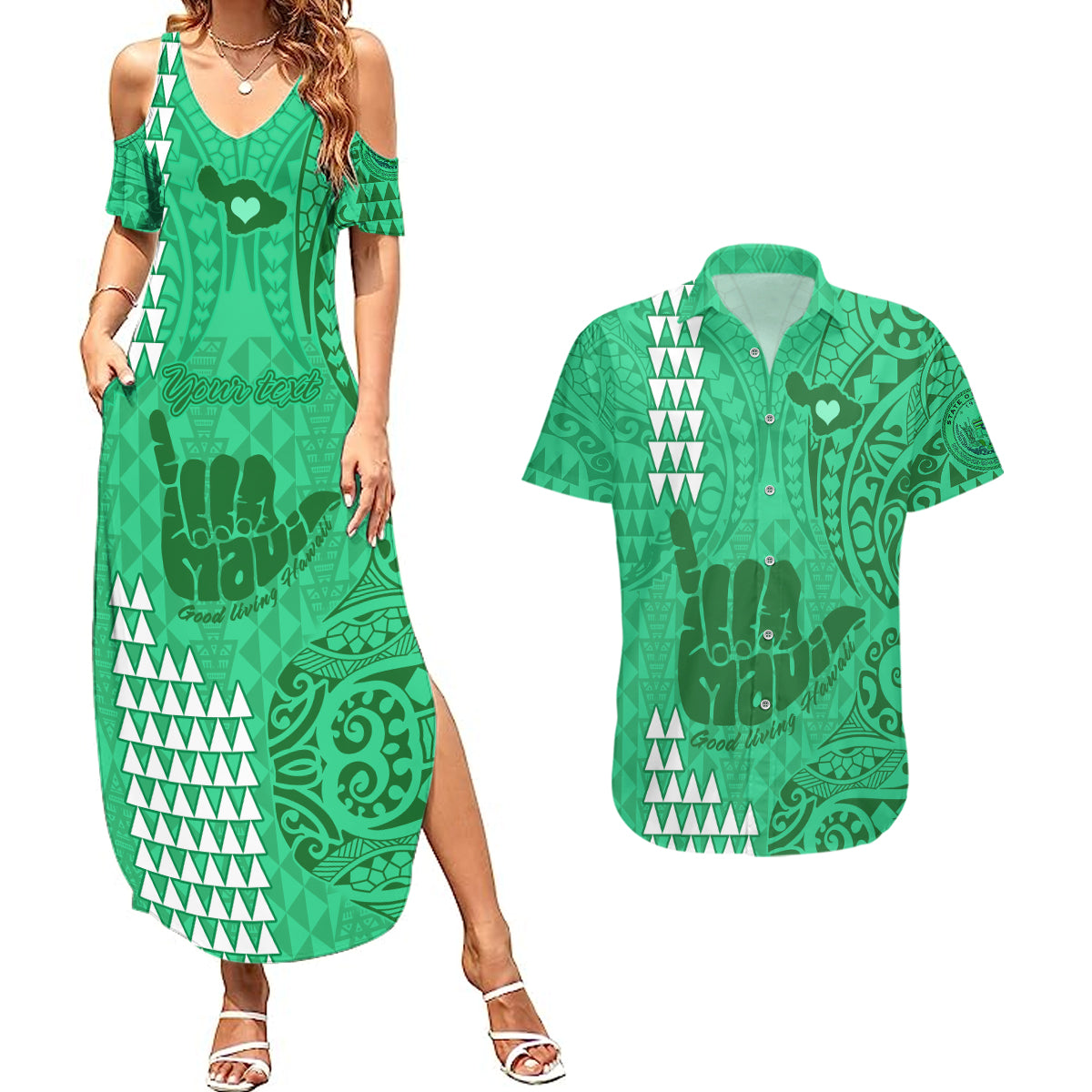 Personalised Strong Maui Couples Matching Summer Maxi Dress and Hawaiian Shirt Good Living Hawaii with Shaka Sign Kakau Tribal Green LT9 Green - Polynesian Pride