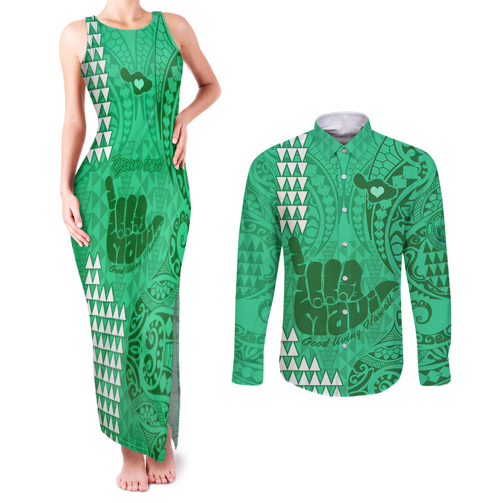 Personalised Strong Maui Couples Matching Tank Maxi Dress and Long Sleeve Button Shirts Good Living Hawaii with Shaka Sign Kakau Tribal Green LT9 Green - Polynesian Pride