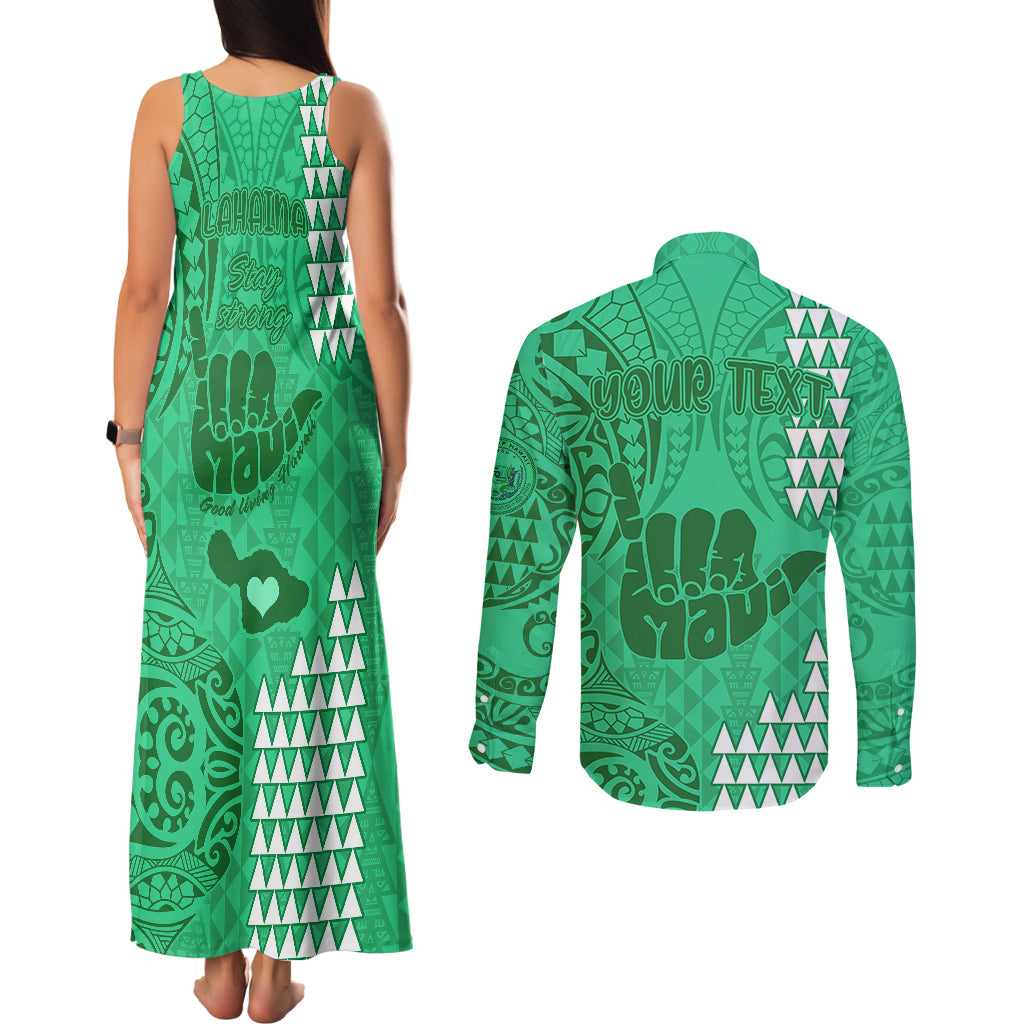Personalised Strong Maui Couples Matching Tank Maxi Dress and Long Sleeve Button Shirts Good Living Hawaii with Shaka Sign Kakau Tribal Green LT9 - Polynesian Pride