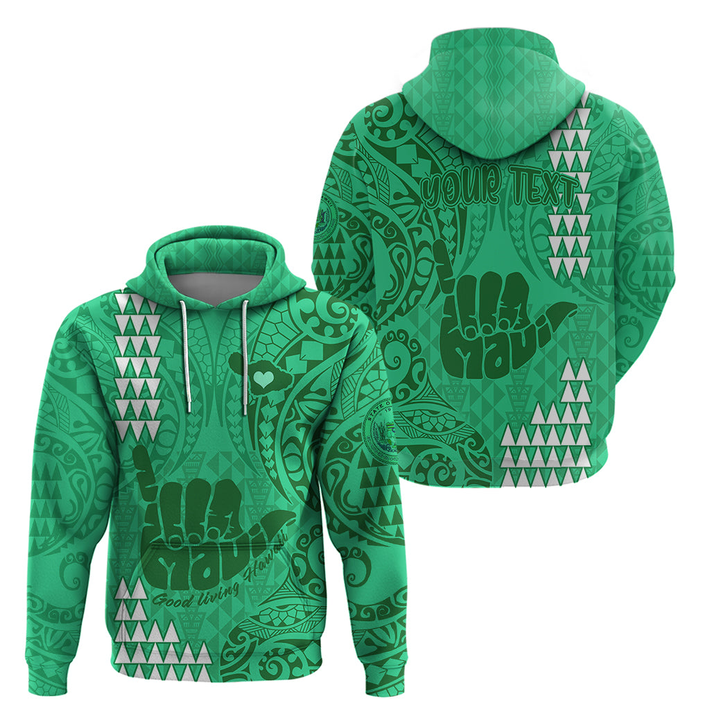Personalised Strong Maui Hoodie Good Living Hawaii with Shaka Sign Kakau Tribal Green LT9 - Polynesian Pride