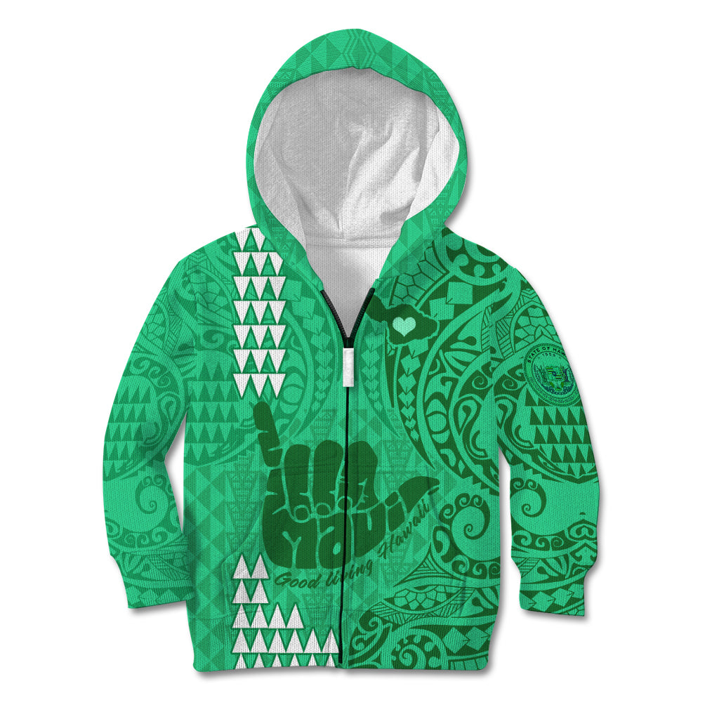 Personalised Strong Maui Kid Hoodie Good Living Hawaii with Shaka Sign Kakau Tribal Green LT9 Zip Hoodie Green - Polynesian Pride