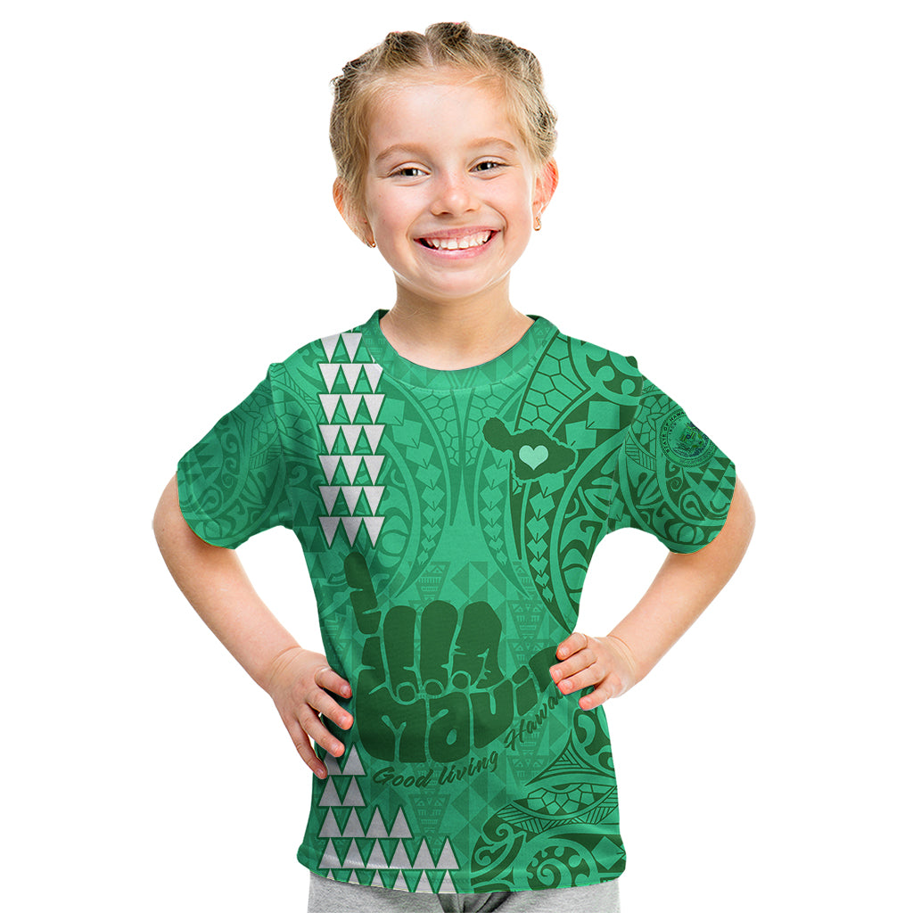 Personalised Strong Maui Kid T Shirt Good Living Hawaii with Shaka Sign Kakau Tribal Green LT9 Green - Polynesian Pride