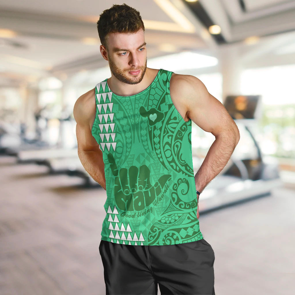 Personalised Strong Maui Men Tank Top Good Living Hawaii with Shaka Sign Kakau Tribal Green LT9 - Polynesian Pride
