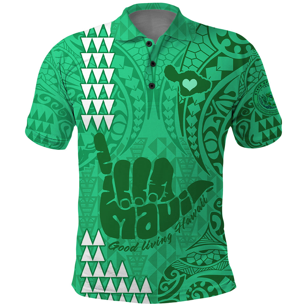 Personalised Strong Maui Polo Shirt Good Living Hawaii with Shaka Sign Kakau Tribal Green LT9 Green - Polynesian Pride