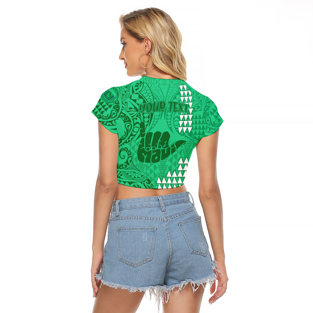Personalised Strong Maui Raglan Cropped T Shirt Good Living Hawaii with Shaka Sign Kakau Tribal Green LT9 - Polynesian Pride