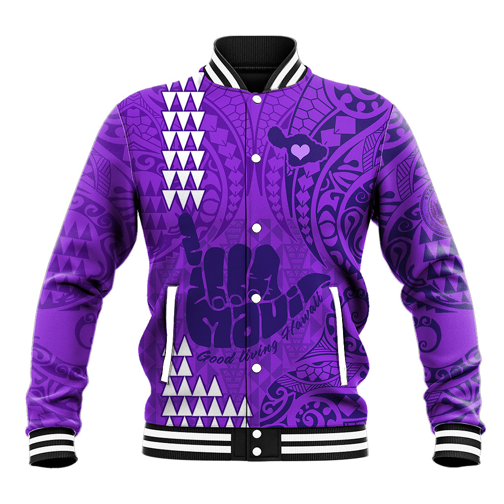 Strong Maui Baseball Jacket Good Living Hawaii with Shaka Sign Kakau Tribal Purple LT9 Unisex Purple - Polynesian Pride
