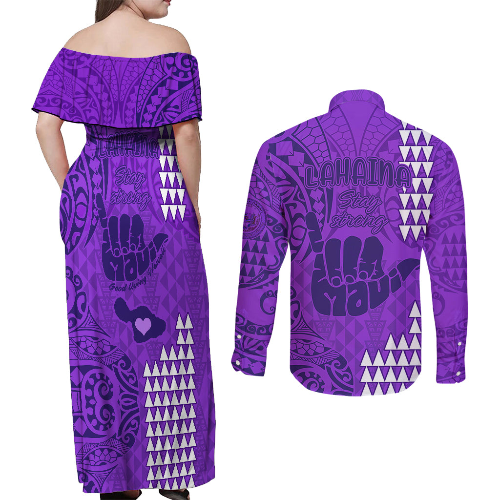 Strong Maui Couples Matching Off Shoulder Maxi Dress and Long Sleeve Button Shirts Good Living Hawaii with Shaka Sign Kakau Tribal Purple LT9 - Polynesian Pride