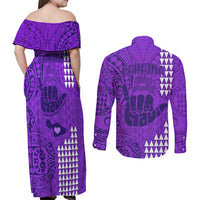 Strong Maui Couples Matching Off Shoulder Maxi Dress and Long Sleeve Button Shirts Good Living Hawaii with Shaka Sign Kakau Tribal Purple LT9 - Polynesian Pride