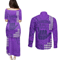 Strong Maui Couples Matching Puletasi Dress and Long Sleeve Button Shirts Good Living Hawaii with Shaka Sign Kakau Tribal Purple LT9 - Polynesian Pride
