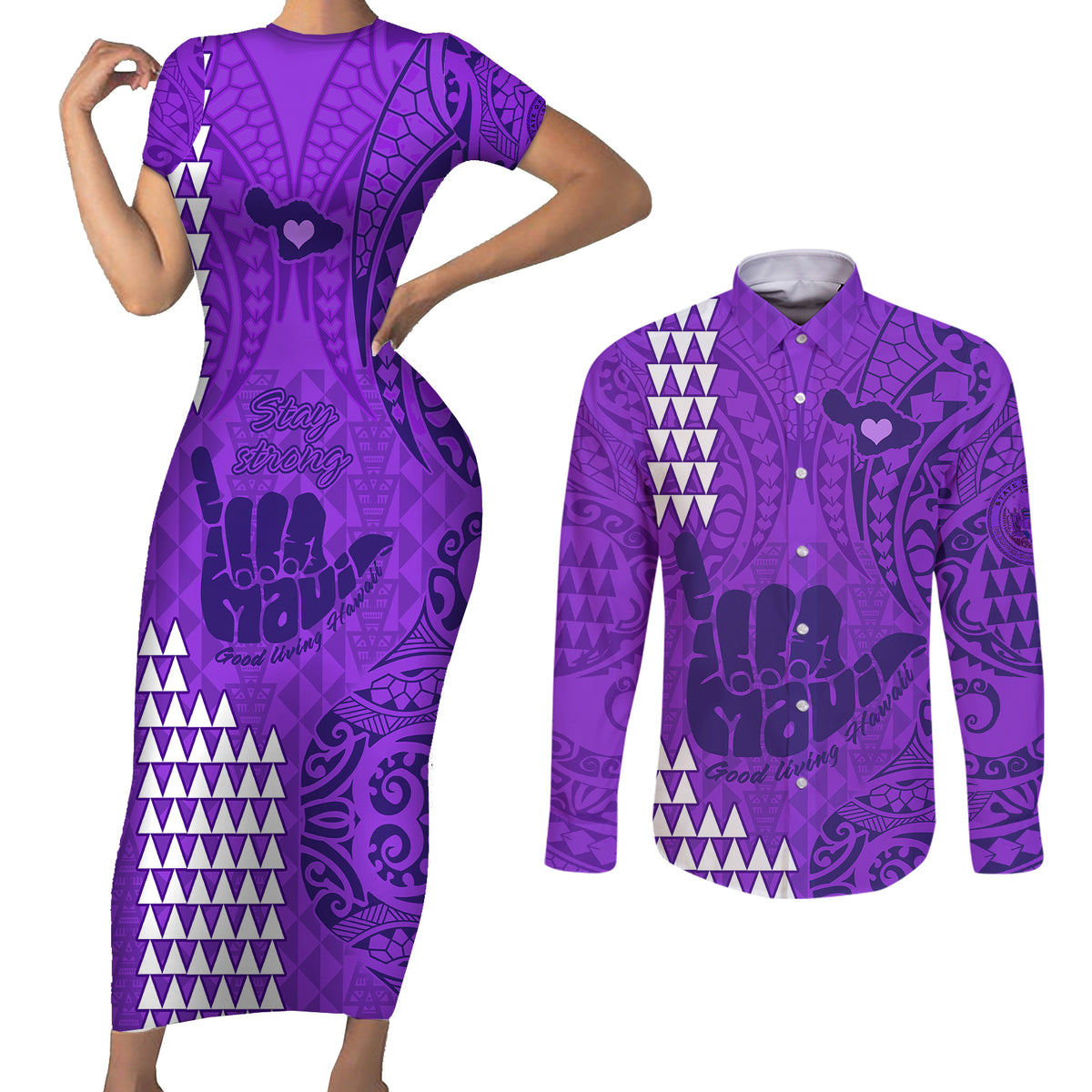 Strong Maui Couples Matching Short Sleeve Bodycon Dress and Long Sleeve Button Shirts Good Living Hawaii with Shaka Sign Kakau Tribal Purple LT9 Purple - Polynesian Pride
