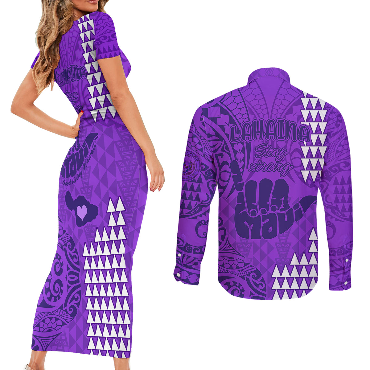 Strong Maui Couples Matching Short Sleeve Bodycon Dress and Long Sleeve Button Shirts Good Living Hawaii with Shaka Sign Kakau Tribal Purple LT9 - Polynesian Pride