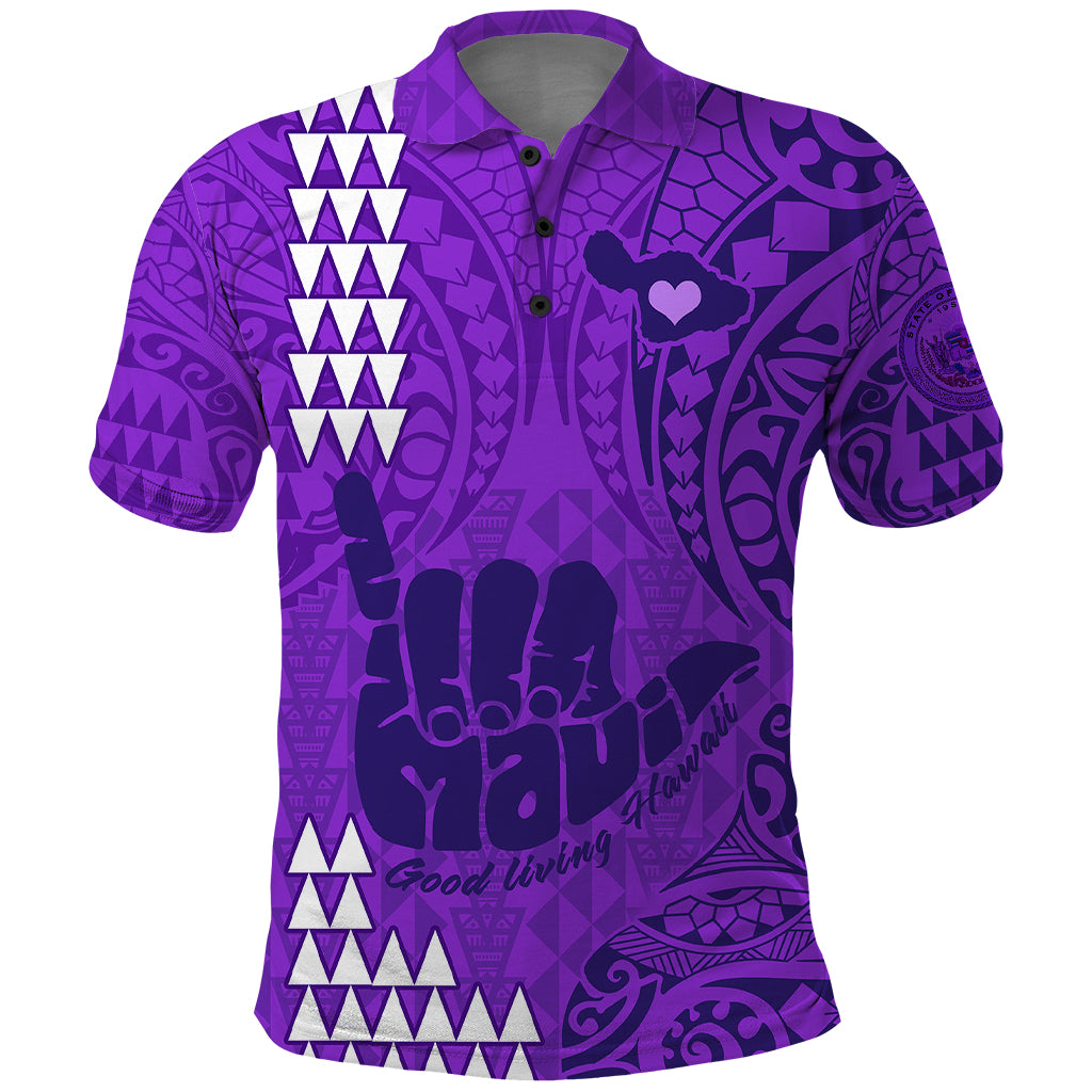 Strong Maui Polo Shirt Good Living Hawaii with Shaka Sign Kakau Tribal Purple LT9 Purple - Polynesian Pride