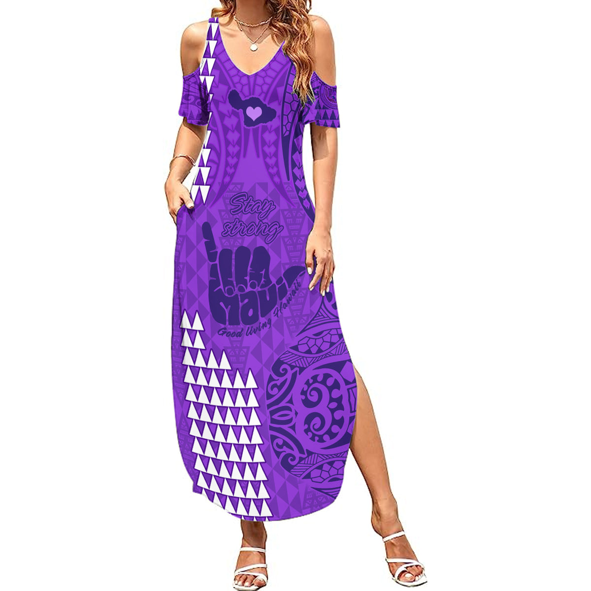 Strong Maui Summer Maxi Dress Good Living Hawaii with Shaka Sign Kakau Tribal Purple LT9 Women Purple - Polynesian Pride