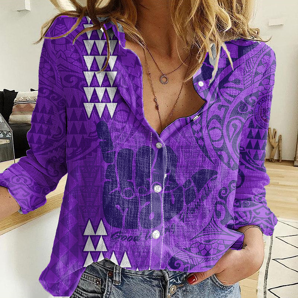 Strong Maui Women Casual Shirt Good Living Hawaii with Shaka Sign Kakau Tribal Purple LT9 Female Purple - Polynesian Pride