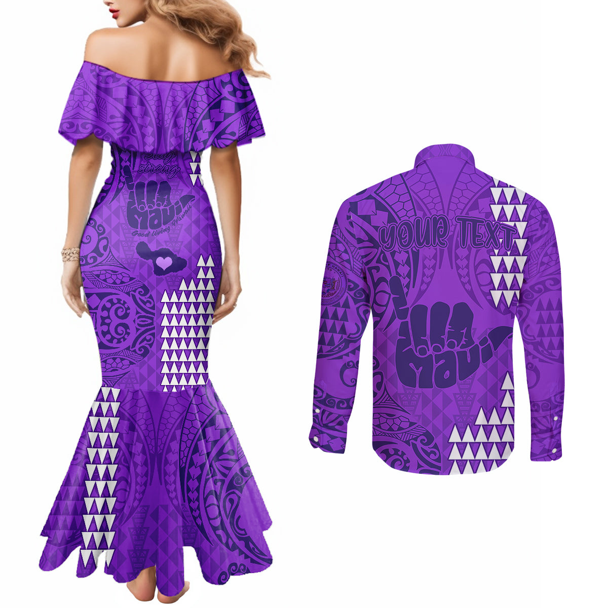Personalised Strong Maui Couples Matching Mermaid Dress and Long Sleeve Button Shirts Good Living Hawaii with Shaka Sign Kakau Tribal Purple LT9 - Polynesian Pride