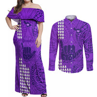 Personalised Strong Maui Couples Matching Off Shoulder Maxi Dress and Long Sleeve Button Shirts Good Living Hawaii with Shaka Sign Kakau Tribal Purple LT9 Purple - Polynesian Pride