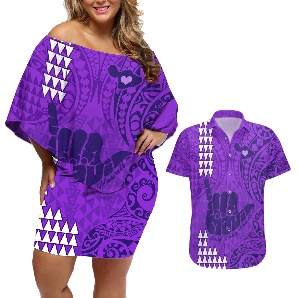 Personalised Strong Maui Couples Matching Off Shoulder Short Dress and Hawaiian Shirt Good Living Hawaii with Shaka Sign Kakau Tribal Purple LT9 Purple - Polynesian Pride
