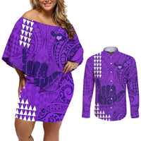 Personalised Strong Maui Couples Matching Off Shoulder Short Dress and Long Sleeve Button Shirts Good Living Hawaii with Shaka Sign Kakau Tribal Purple LT9 Purple - Polynesian Pride