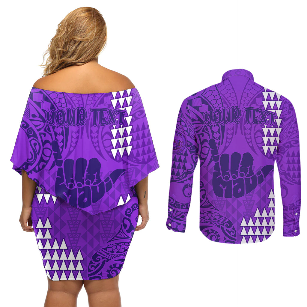 Personalised Strong Maui Couples Matching Off Shoulder Short Dress and Long Sleeve Button Shirts Good Living Hawaii with Shaka Sign Kakau Tribal Purple LT9 - Polynesian Pride