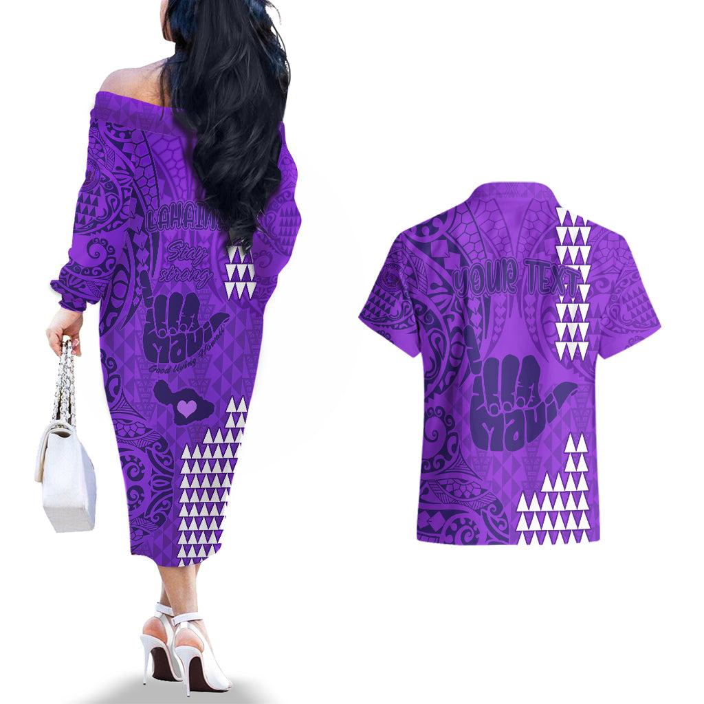 Personalised Strong Maui Couples Matching Off The Shoulder Long Sleeve Dress and Hawaiian Shirt Good Living Hawaii with Shaka Sign Kakau Tribal Purple LT9 - Polynesian Pride
