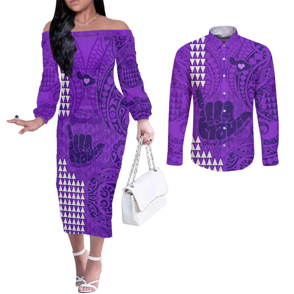 Personalised Strong Maui Couples Matching Off The Shoulder Long Sleeve Dress and Long Sleeve Button Shirts Good Living Hawaii with Shaka Sign Kakau Tribal Purple LT9 Purple - Polynesian Pride