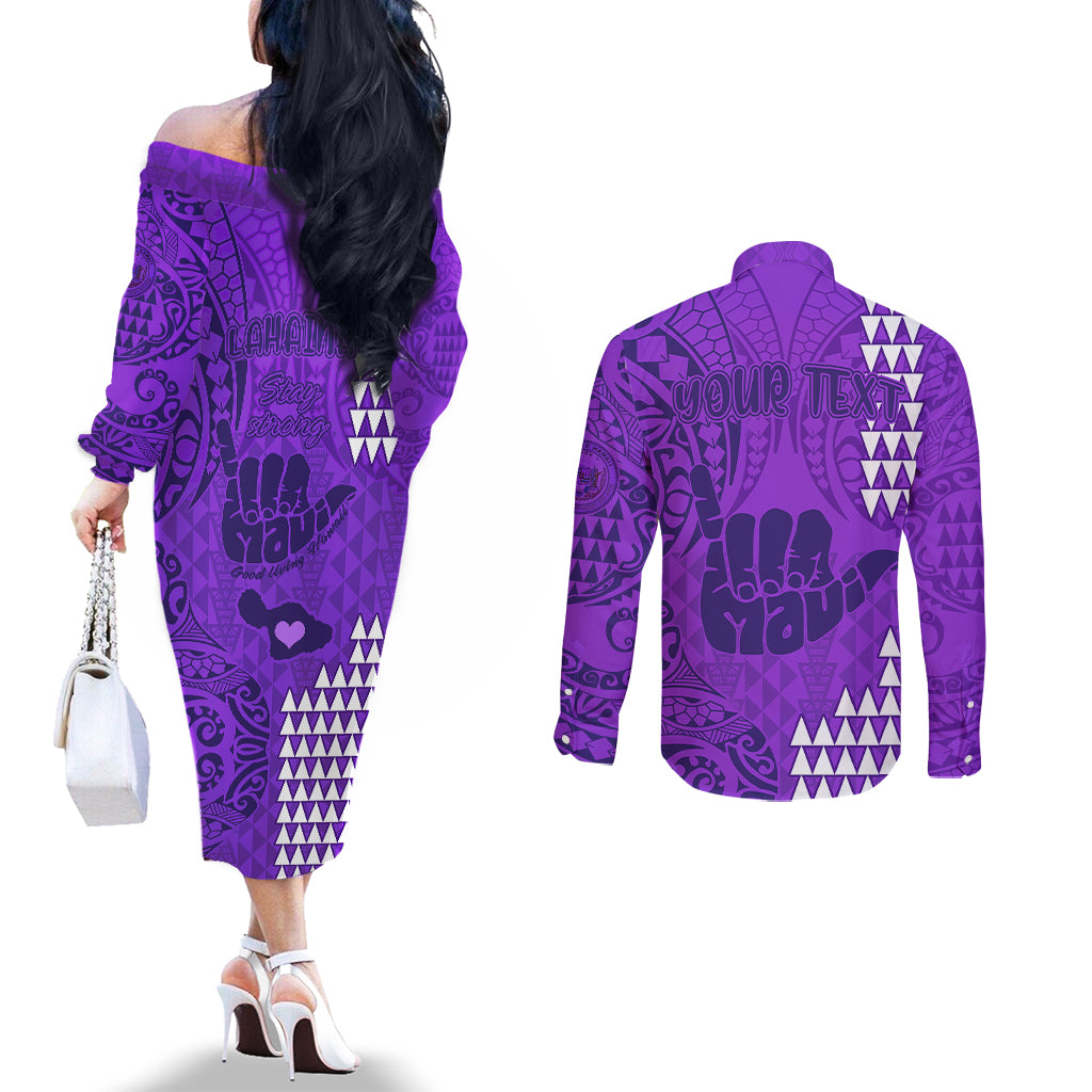 Personalised Strong Maui Couples Matching Off The Shoulder Long Sleeve Dress and Long Sleeve Button Shirts Good Living Hawaii with Shaka Sign Kakau Tribal Purple LT9 - Polynesian Pride