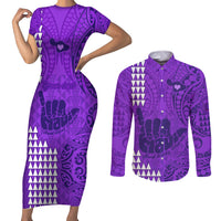 Personalised Strong Maui Couples Matching Short Sleeve Bodycon Dress and Long Sleeve Button Shirts Good Living Hawaii with Shaka Sign Kakau Tribal Purple LT9 Purple - Polynesian Pride
