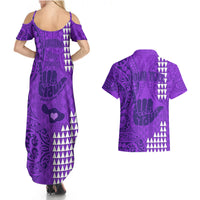 Personalised Strong Maui Couples Matching Summer Maxi Dress and Hawaiian Shirt Good Living Hawaii with Shaka Sign Kakau Tribal Purple LT9 - Polynesian Pride