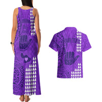 Personalised Strong Maui Couples Matching Tank Maxi Dress and Hawaiian Shirt Good Living Hawaii with Shaka Sign Kakau Tribal Purple LT9 - Polynesian Pride