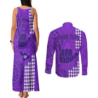 Personalised Strong Maui Couples Matching Tank Maxi Dress and Long Sleeve Button Shirts Good Living Hawaii with Shaka Sign Kakau Tribal Purple LT9 - Polynesian Pride