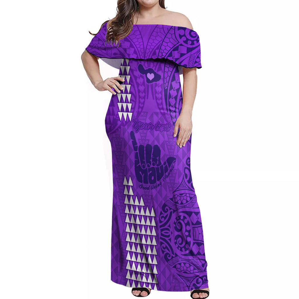 Personalised Strong Maui Off Shoulder Maxi Dress Good Living Hawaii with Shaka Sign Kakau Tribal Purple LT9 Women Purple - Polynesian Pride