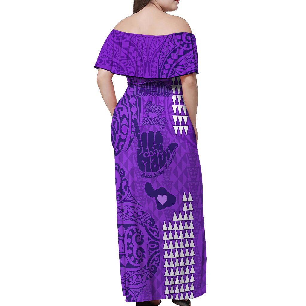 Personalised Strong Maui Off Shoulder Maxi Dress Good Living Hawaii with Shaka Sign Kakau Tribal Purple LT9 - Polynesian Pride