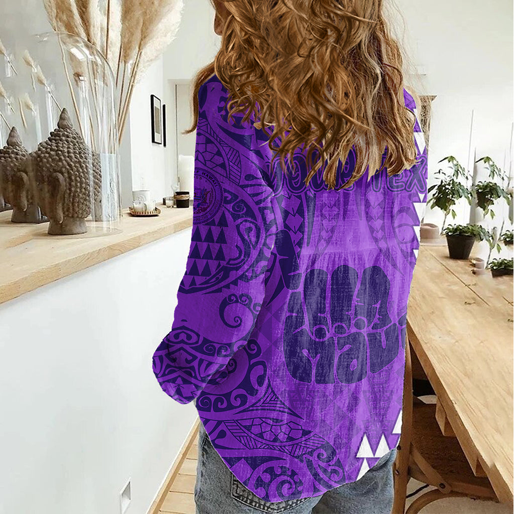 Personalised Strong Maui Women Casual Shirt Good Living Hawaii with Shaka Sign Kakau Tribal Purple LT9 - Polynesian Pride