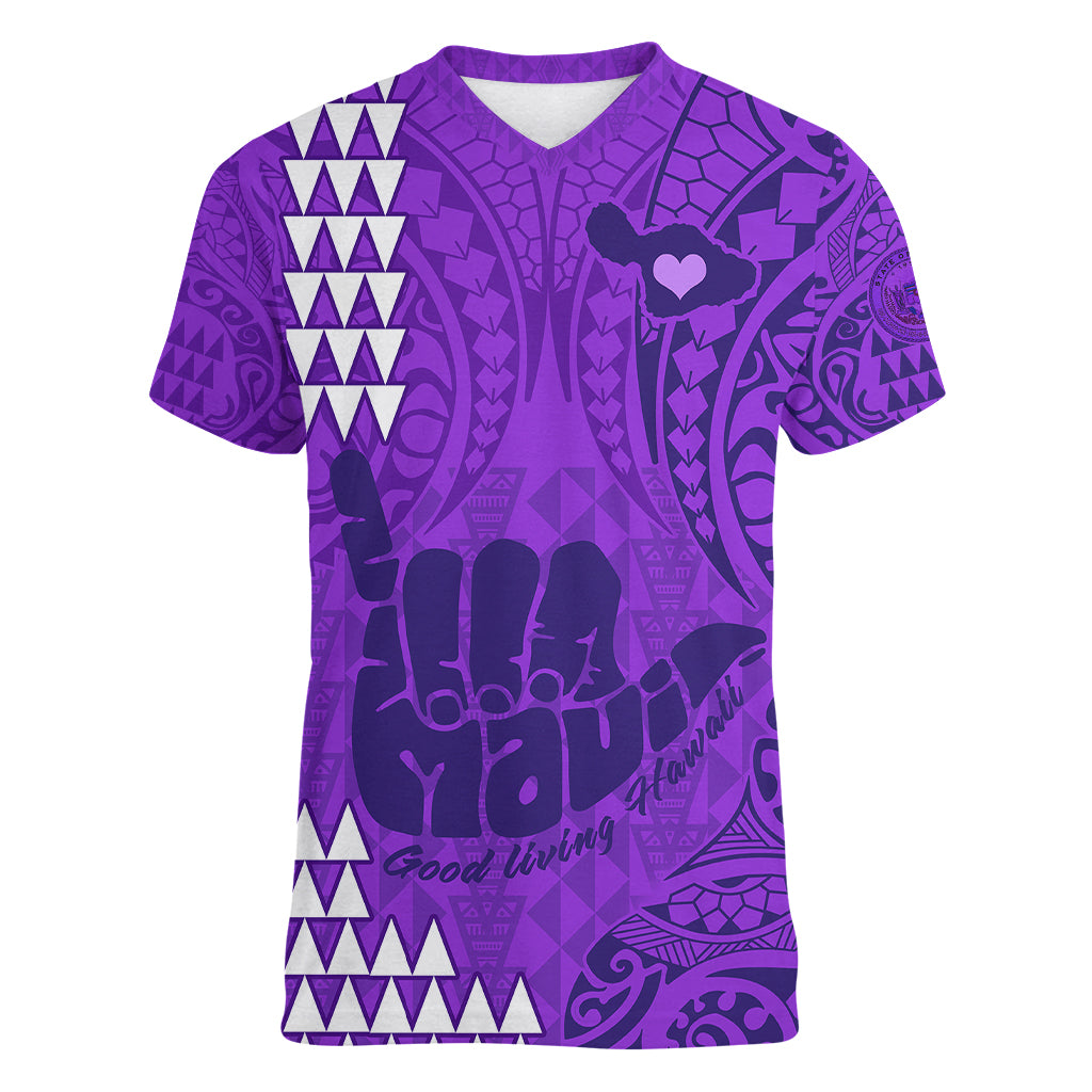Personalised Strong Maui Women V Neck T Shirt Good Living Hawaii with Shaka Sign Kakau Tribal Purple LT9 Female Purple - Polynesian Pride