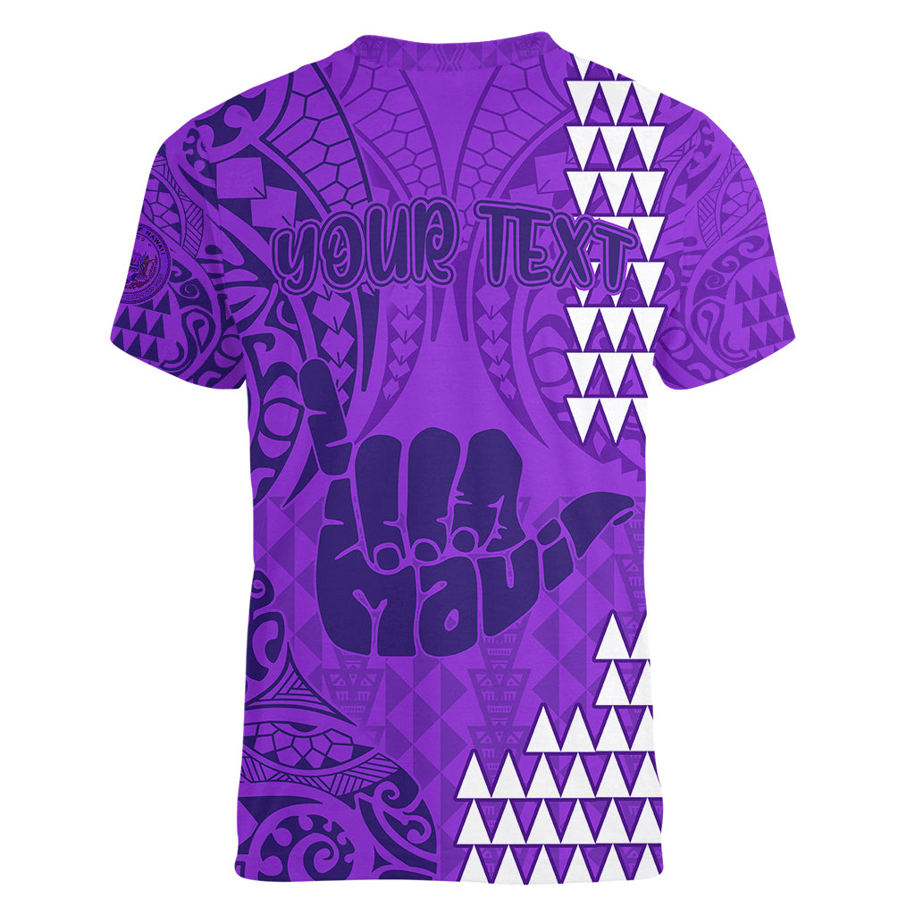 Personalised Strong Maui Women V Neck T Shirt Good Living Hawaii with Shaka Sign Kakau Tribal Purple LT9 - Polynesian Pride