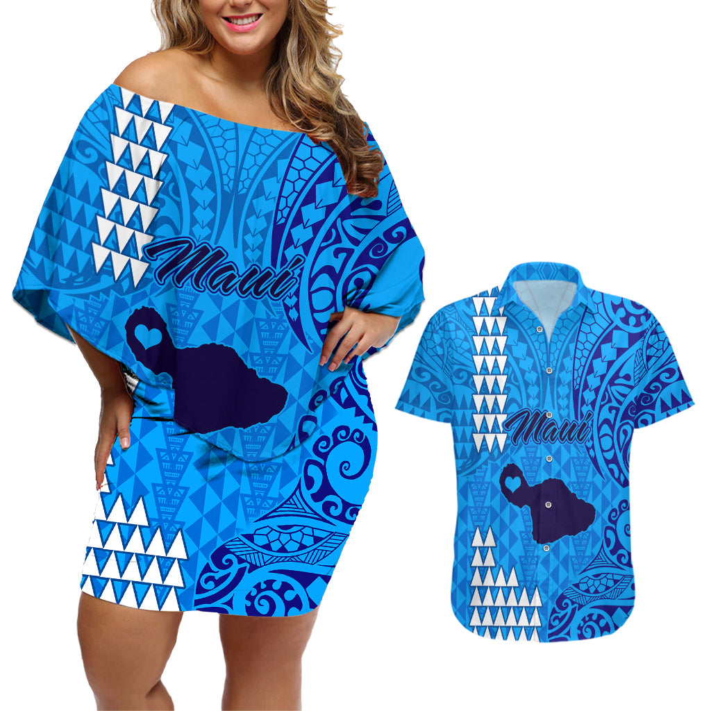 Maui Island Couples Matching Off Shoulder Short Dress and Hawaiian Shirt Kakau Tribal Mixed Polynesian Pattern Blue LT9 Blue - Polynesian Pride