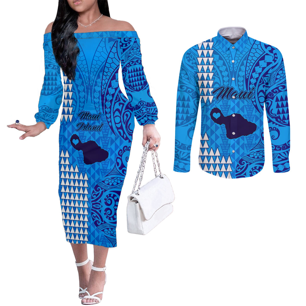 Maui Island Couples Matching Off The Shoulder Long Sleeve Dress and Long Sleeve Button Shirts Kakau Tribal Mixed Polynesian Pattern Blue LT9 Blue - Polynesian Pride