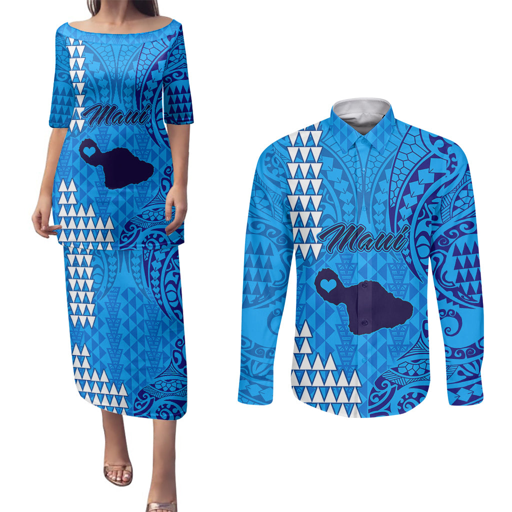 Maui Island Couples Matching Puletasi Dress and Long Sleeve Button Shirts Kakau Tribal Mixed Polynesian Pattern Blue LT9 Blue - Polynesian Pride