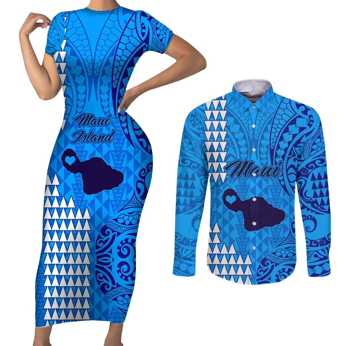 Maui Island Couples Matching Short Sleeve Bodycon Dress and Long Sleeve Button Shirts Kakau Tribal Mixed Polynesian Pattern Blue LT9 Blue - Polynesian Pride