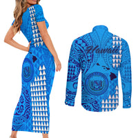 Maui Island Couples Matching Short Sleeve Bodycon Dress and Long Sleeve Button Shirts Kakau Tribal Mixed Polynesian Pattern Blue LT9 - Polynesian Pride