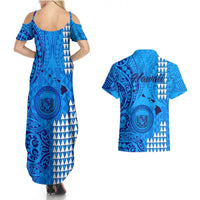 Maui Island Couples Matching Summer Maxi Dress and Hawaiian Shirt Kakau Tribal Mixed Polynesian Pattern Blue LT9 - Polynesian Pride