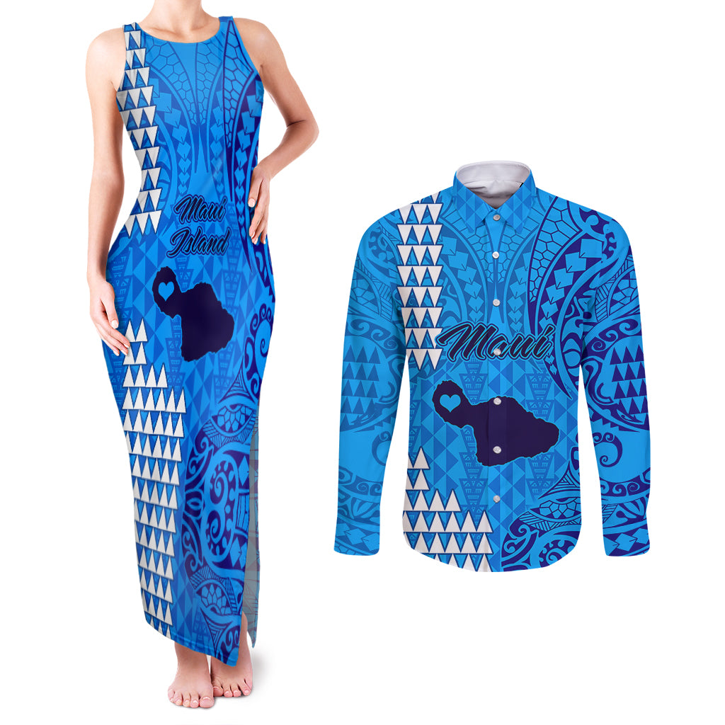 Maui Island Couples Matching Tank Maxi Dress and Long Sleeve Button Shirts Kakau Tribal Mixed Polynesian Pattern Blue LT9 Blue - Polynesian Pride