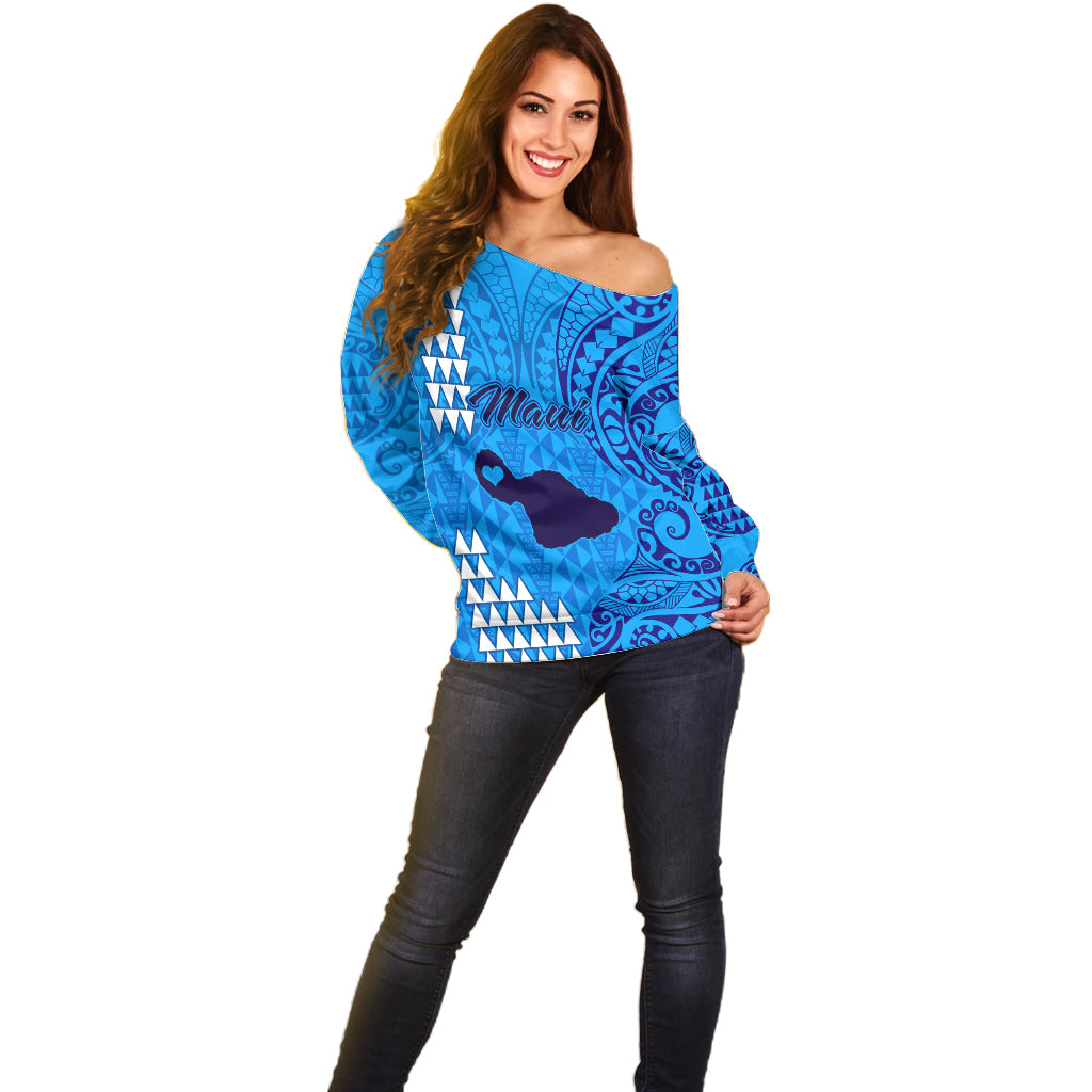 Maui Island Off Shoulder Sweater Kakau Tribal Mixed Polynesian Pattern Blue LT9 - Polynesian Pride