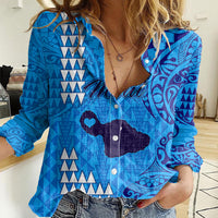 Maui Island Women Casual Shirt Kakau Tribal Mixed Polynesian Pattern Blue LT9 Female Blue - Polynesian Pride
