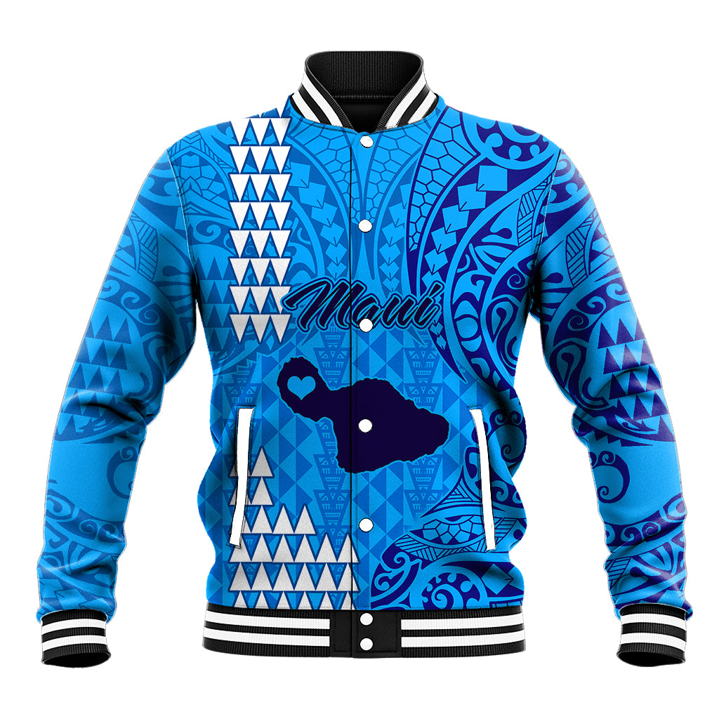 Personalised Maui Island Baseball Jacket Kakau Tribal Mixed Polynesian Pattern Blue LT9 Unisex Blue - Polynesian Pride