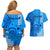 Personalised Maui Island Couples Matching Off Shoulder Short Dress and Hawaiian Shirt Kakau Tribal Mixed Polynesian Pattern Blue LT9 - Polynesian Pride