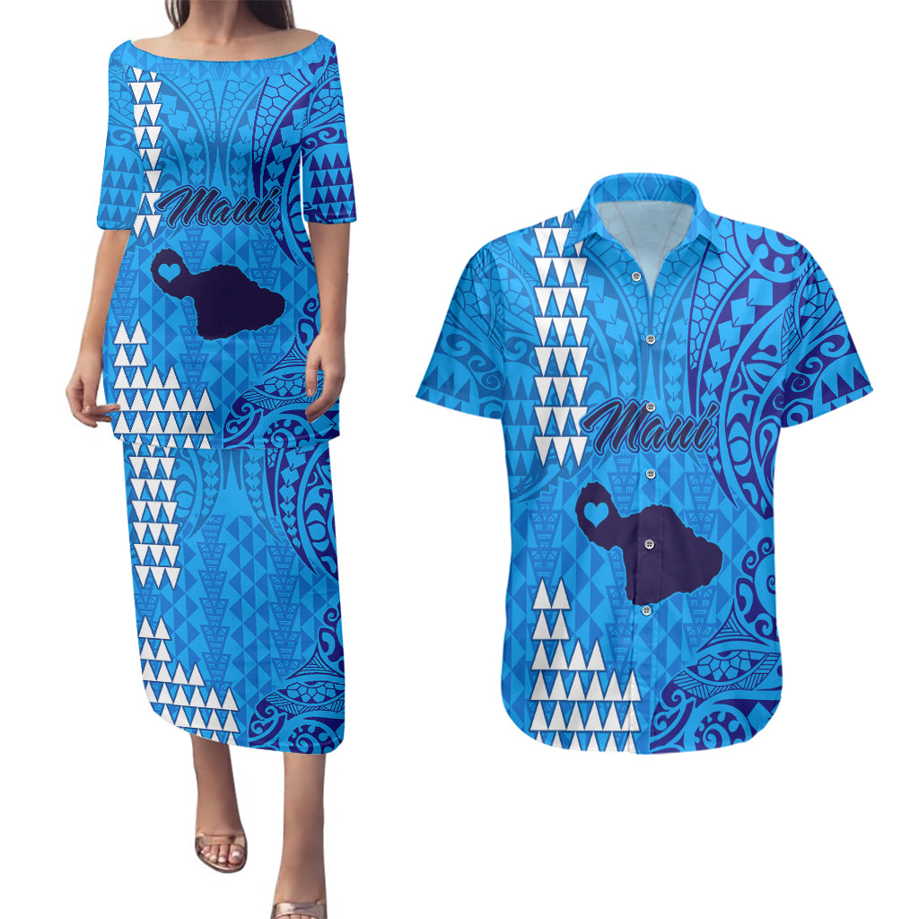 Personalised Maui Island Couples Matching Puletasi Dress and Hawaiian Shirt Kakau Tribal Mixed Polynesian Pattern Blue LT9 Blue - Polynesian Pride