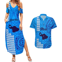 Personalised Maui Island Couples Matching Summer Maxi Dress and Hawaiian Shirt Kakau Tribal Mixed Polynesian Pattern Blue LT9 Blue - Polynesian Pride