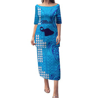 Personalised Maui Island Puletasi Kakau Tribal Mixed Polynesian Pattern Blue LT9 Long Dress Blue - Polynesian Pride